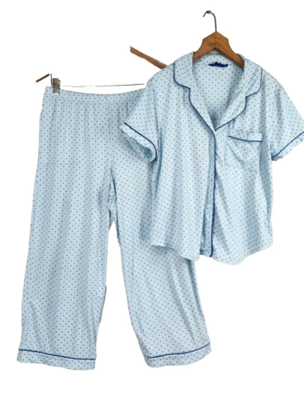Kate Spade Crop Pajamas Womens M Blue Polka Dot New York Comfy Luxury Capri